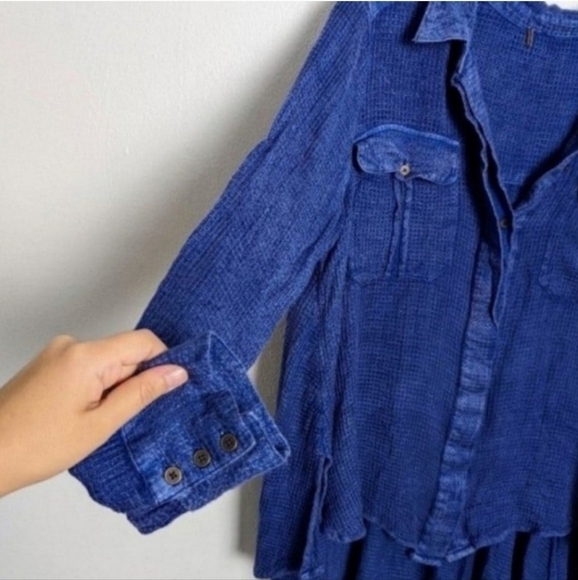 Free People Women's Waffle Knit Blue Button Up Shacket Top XS - Picture 5 of 7